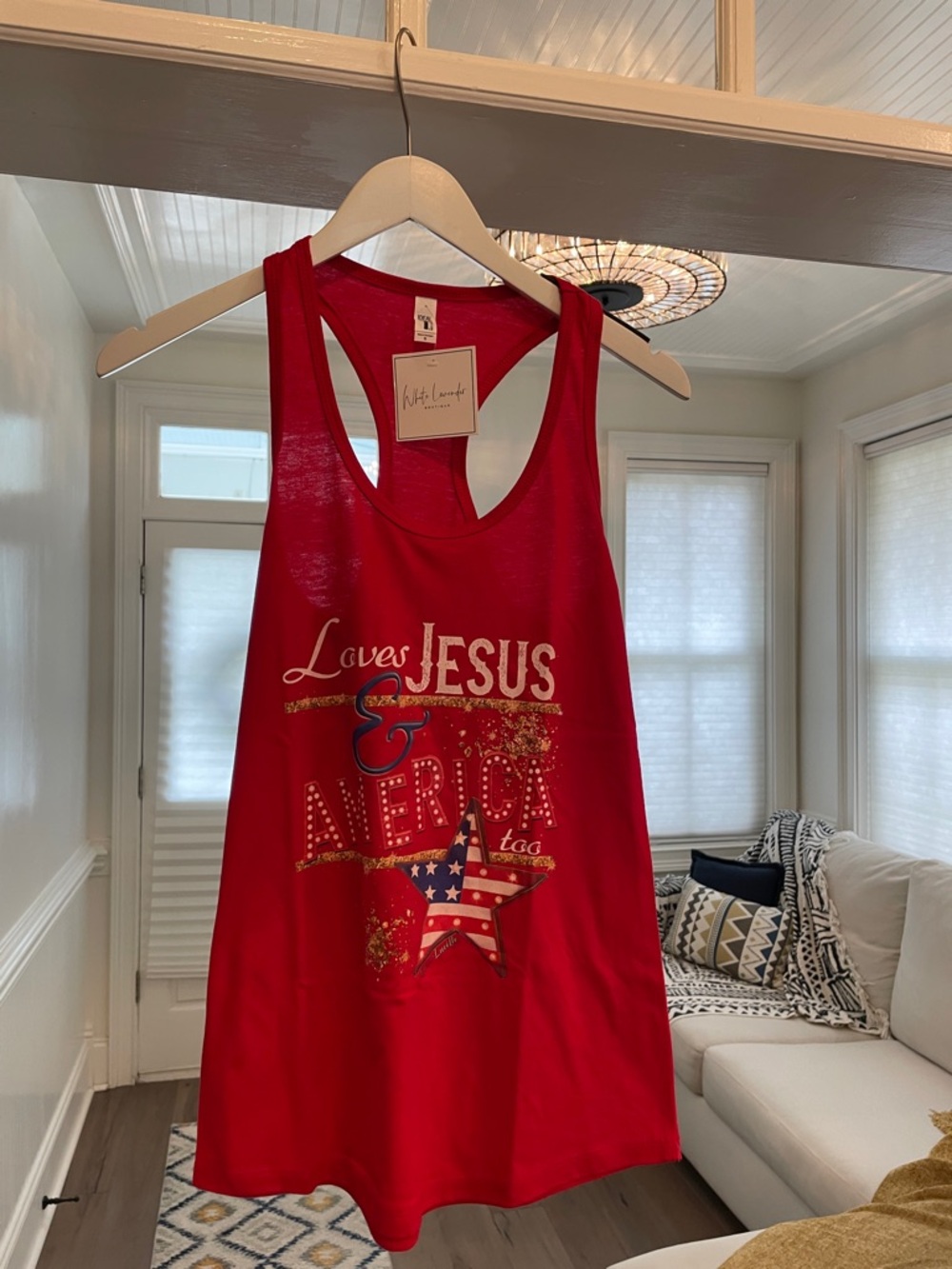 Women's Red Racerback Tank Top - Loves Jesus & America Graphic